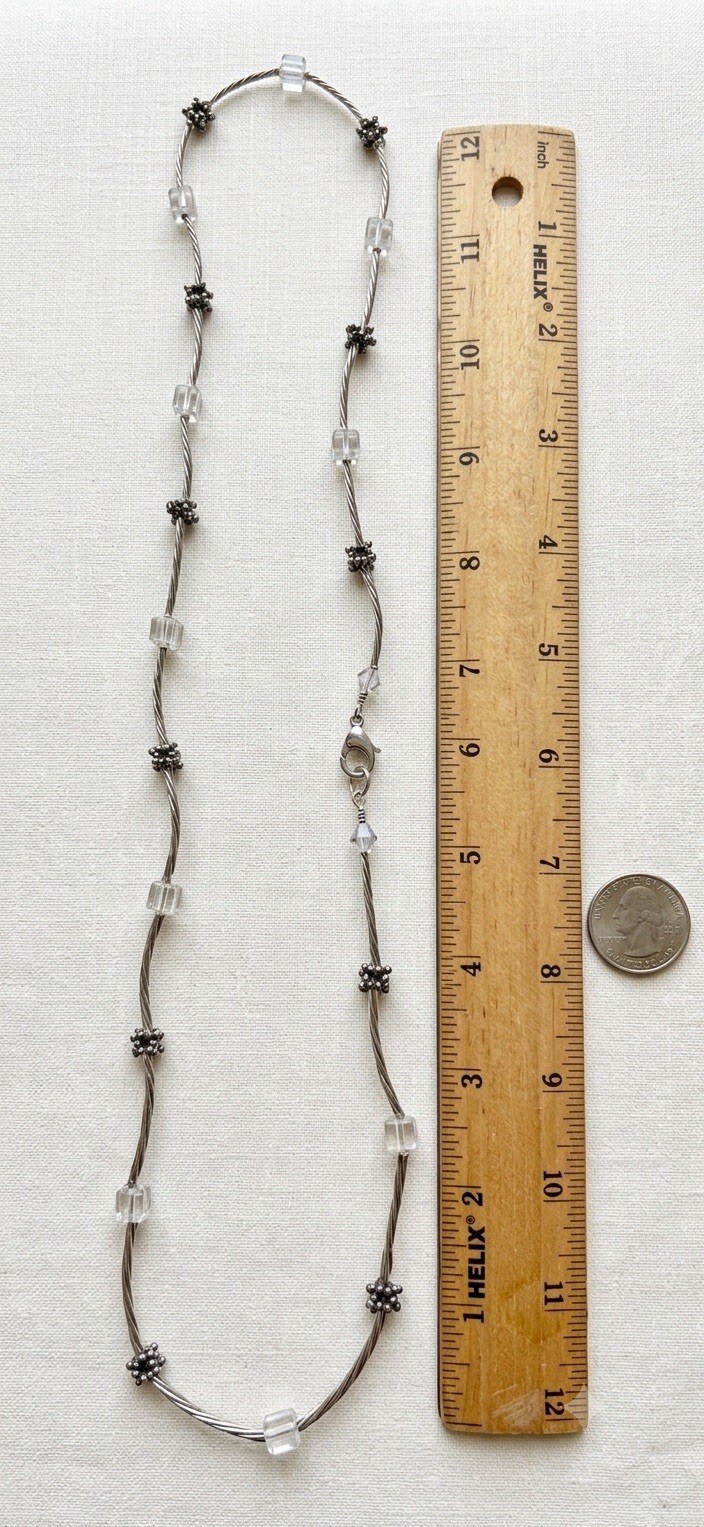 Necklace Liquid Silver Twisted Cable Wire Clear Crystal Cube Beads Vintage