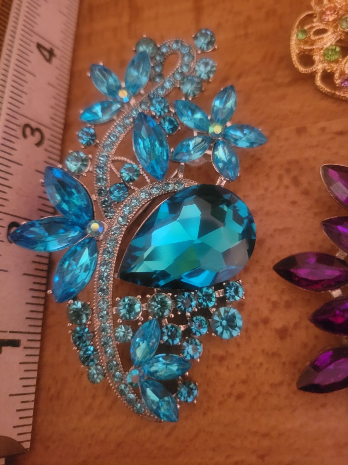 Big Aqua Blue Purple Rhinestone Multicolor Flower Brooch Pin Lot CA USA E508