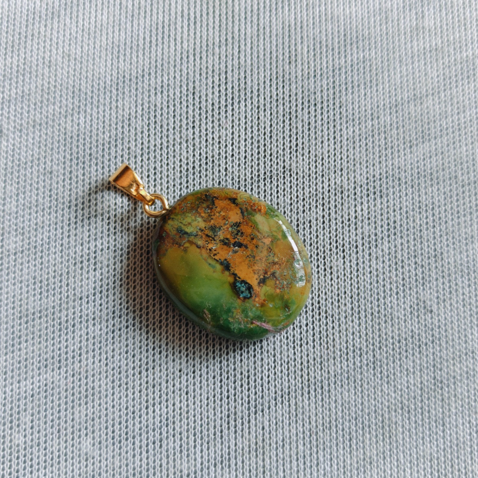 Natural Green Tibetan Turquoise Oval Bead Brass Pendant Handmade Boho Gift