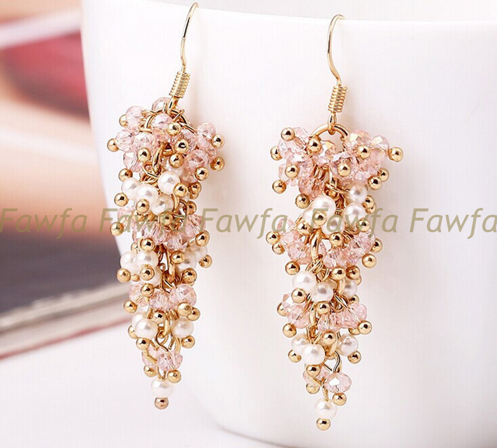 4mm Round White Shell Pearl 3x4mm Faceted Pink Crystal Dangle Gold Hook Earrings