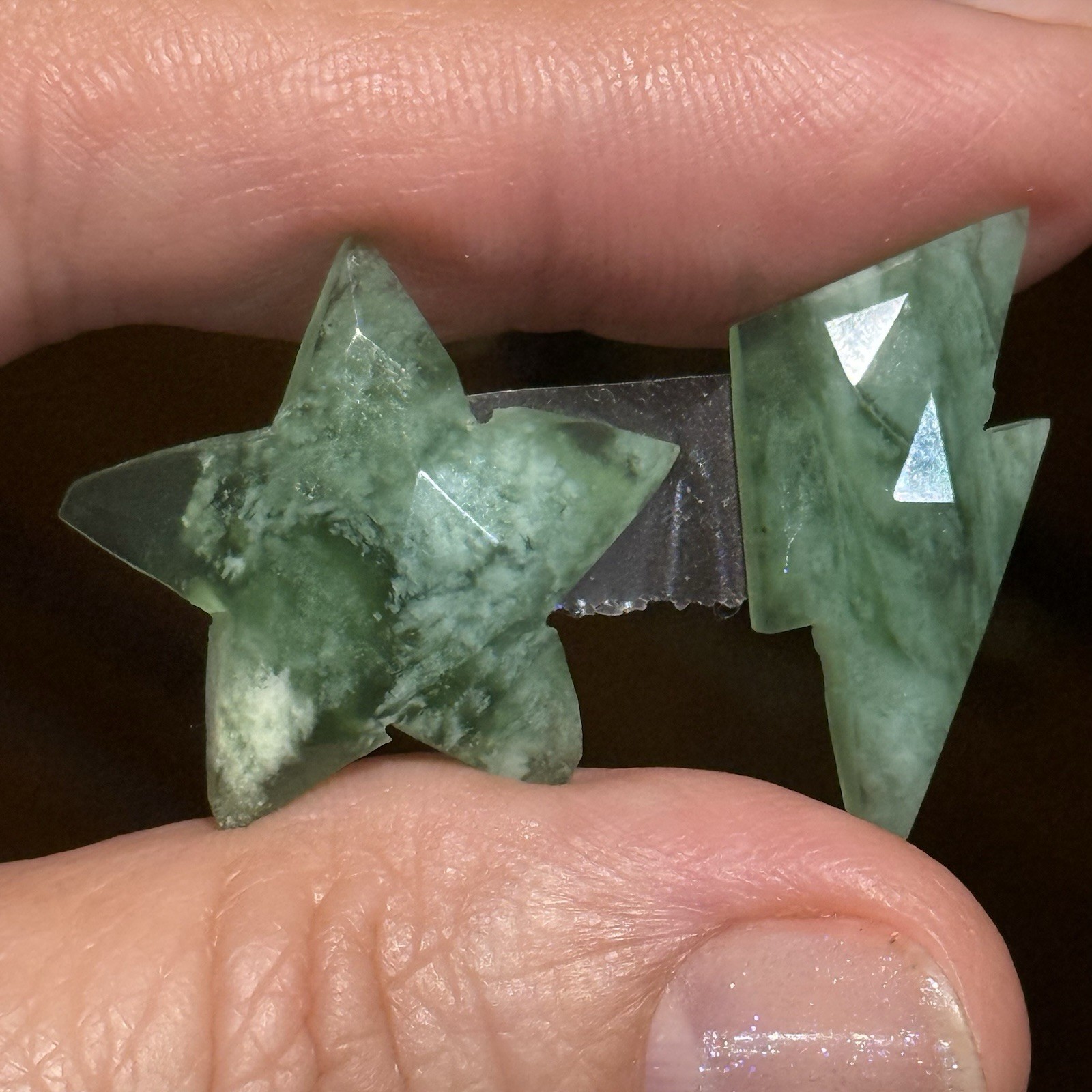 16.55ct 22×4.2nm Pair Star And Bolt Rose Cut Green Serpentine Faceted Cabochons