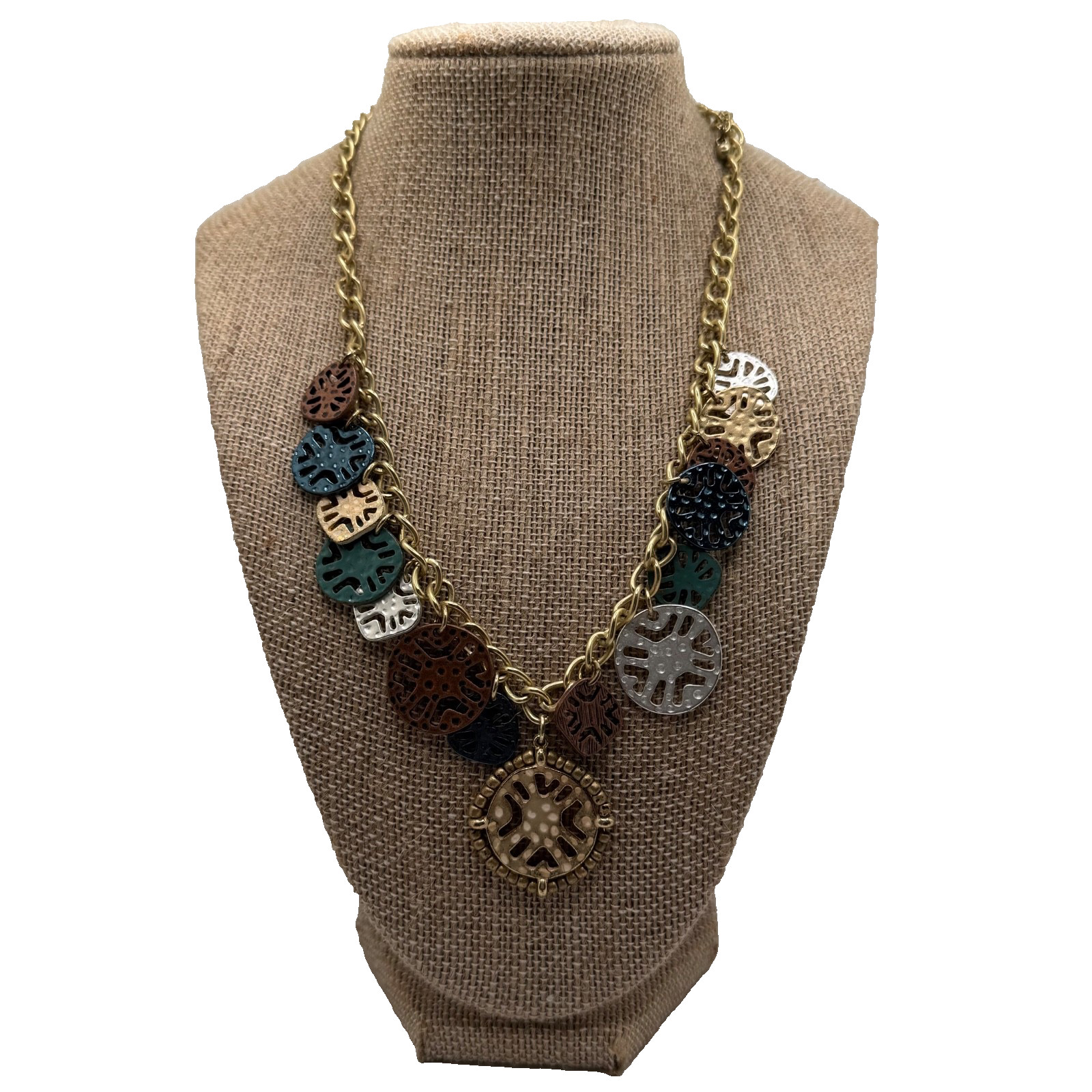 Multi Charm Pendant Collar Necklace Mixed Metal Gold Tone Chain