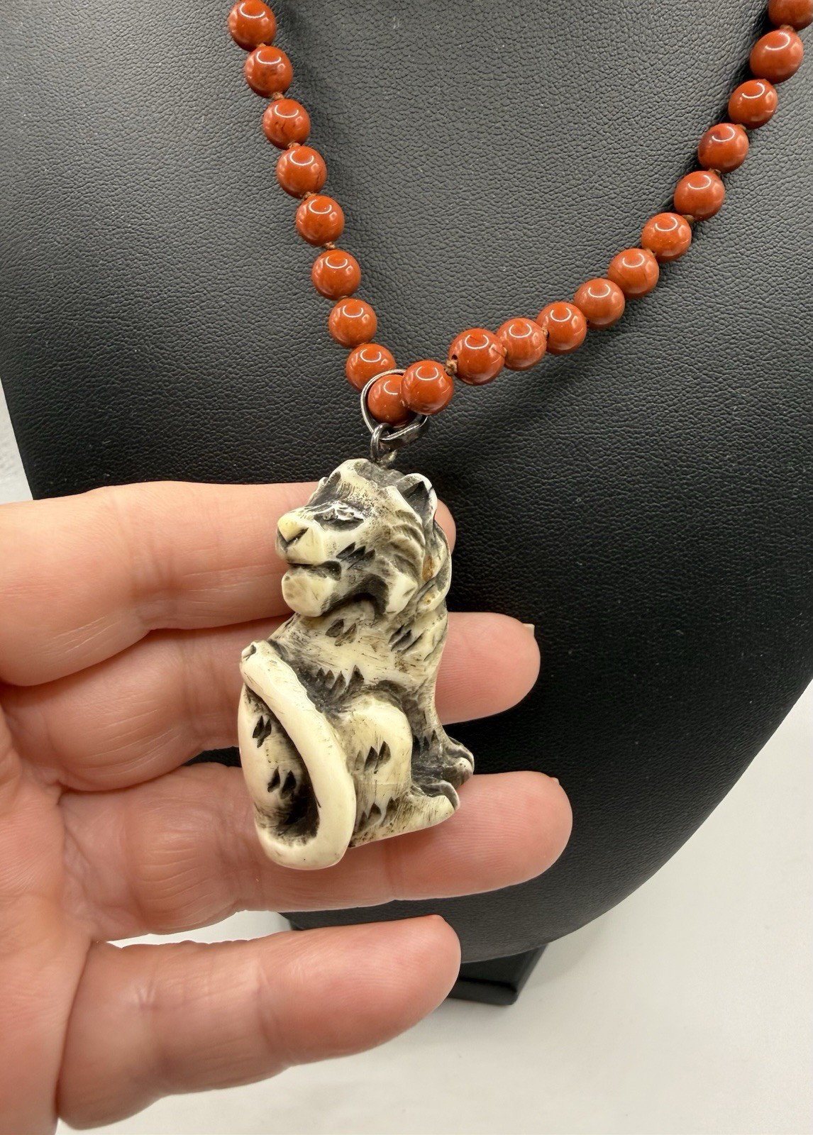 JKa Signed Jasper Necklace With Carved Tiger Netsuke Pendant Vintage Sterling