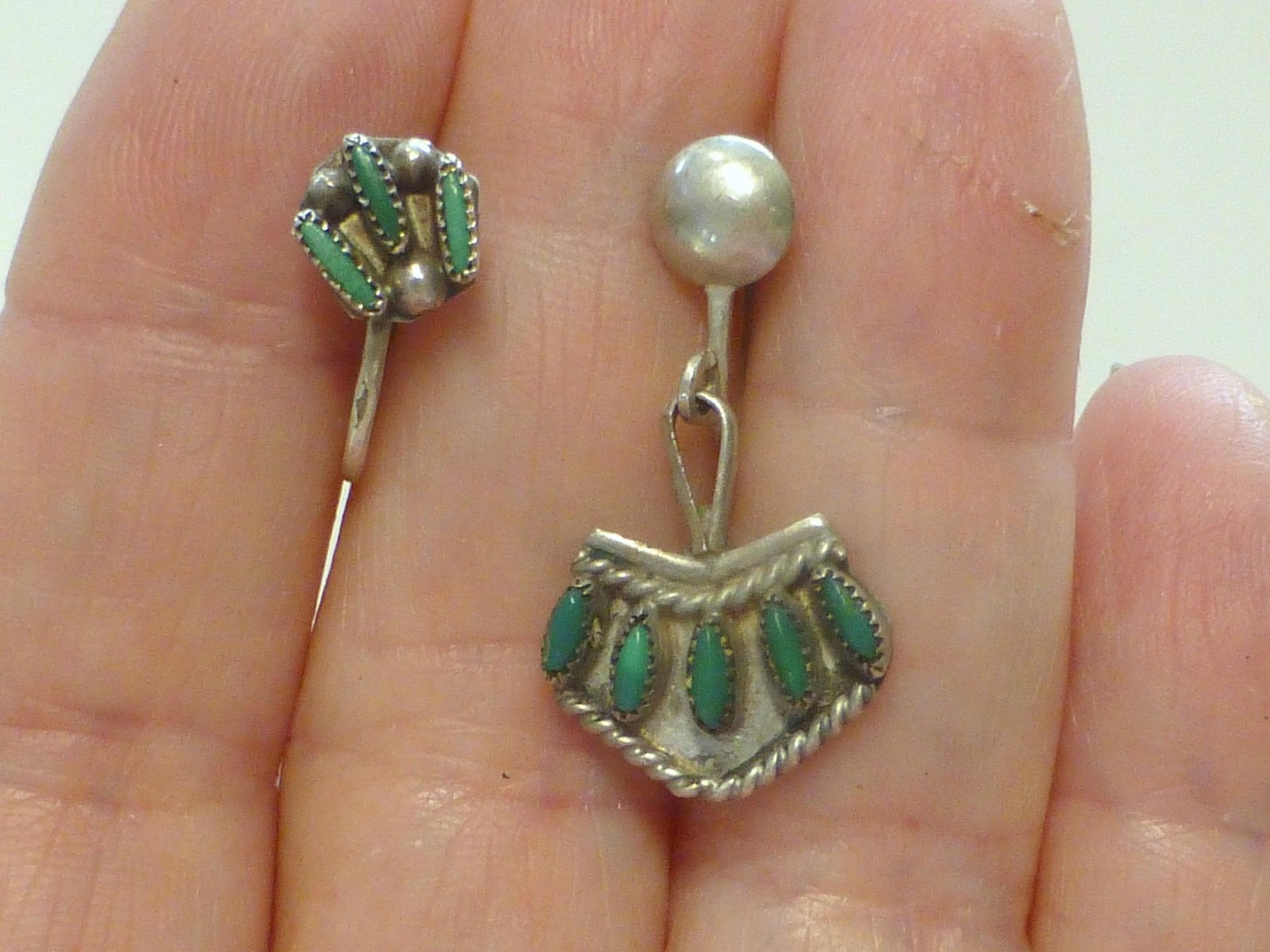 Old Pawn Zuni Petit Point Turquoise Sterling Silver Earrings Indian Mismatch