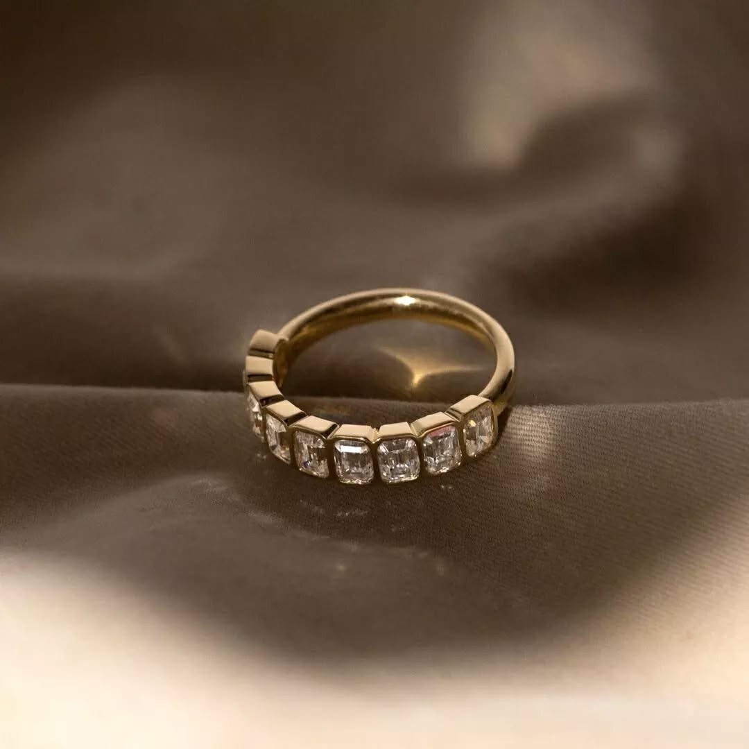 5*3 MM Emerald Cut Moissanite Bezel Set wedding Band, Anniversary Band For wife.