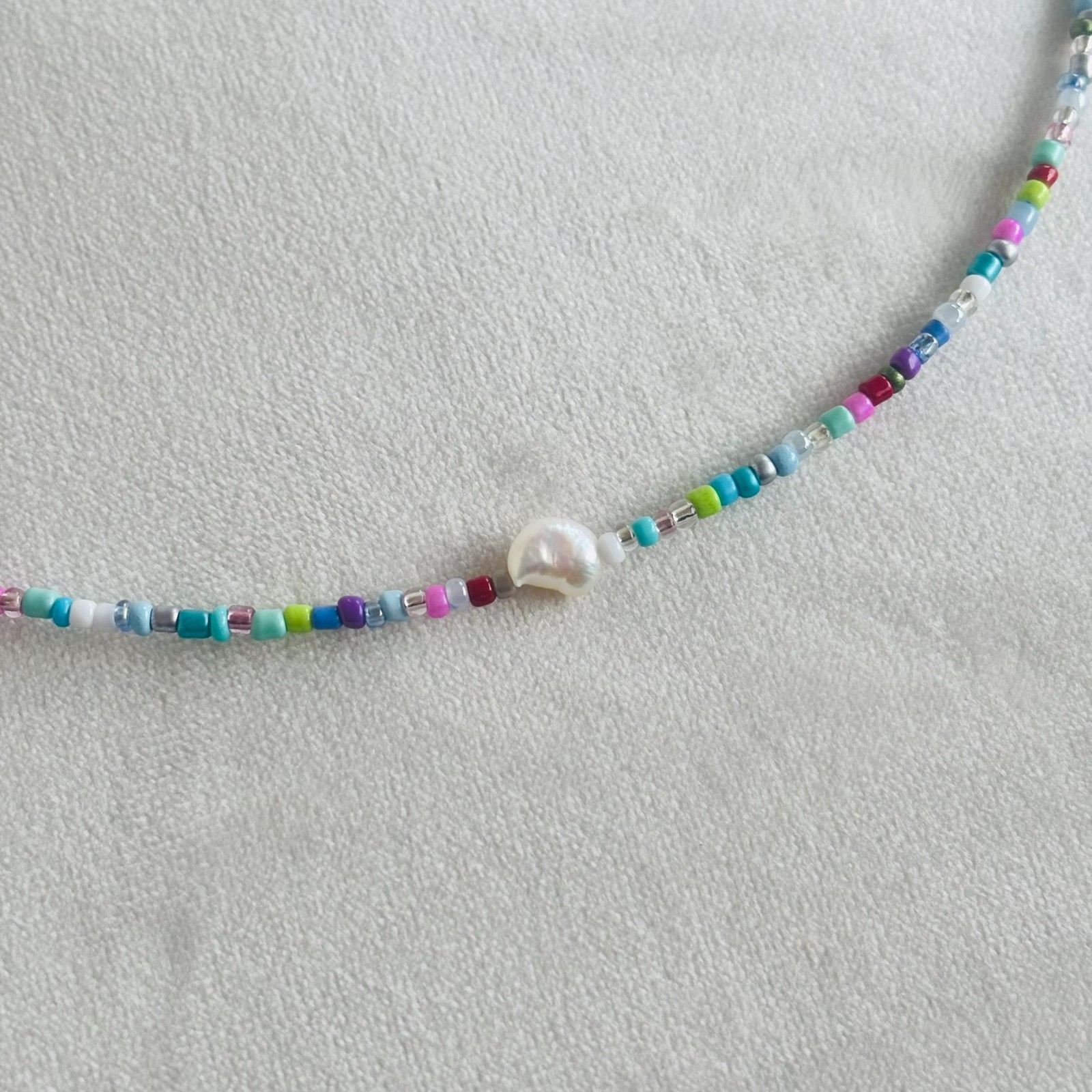 Handmade Colourful Seed Bead Necklace with Freshwater Pearl Boho Choker 16-17″