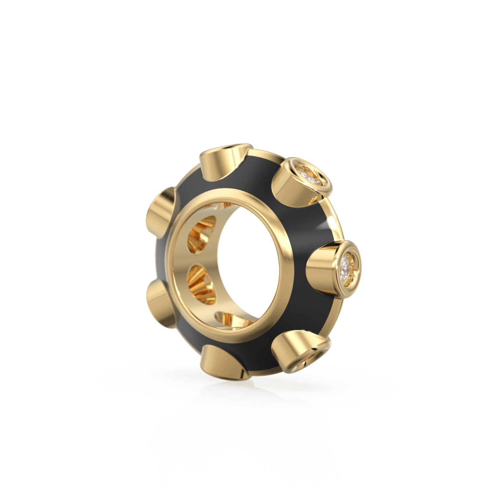 Black Enamel Diamond Solid Gold Charm Bead, Wide Hole Spacer with Bezel Stones
