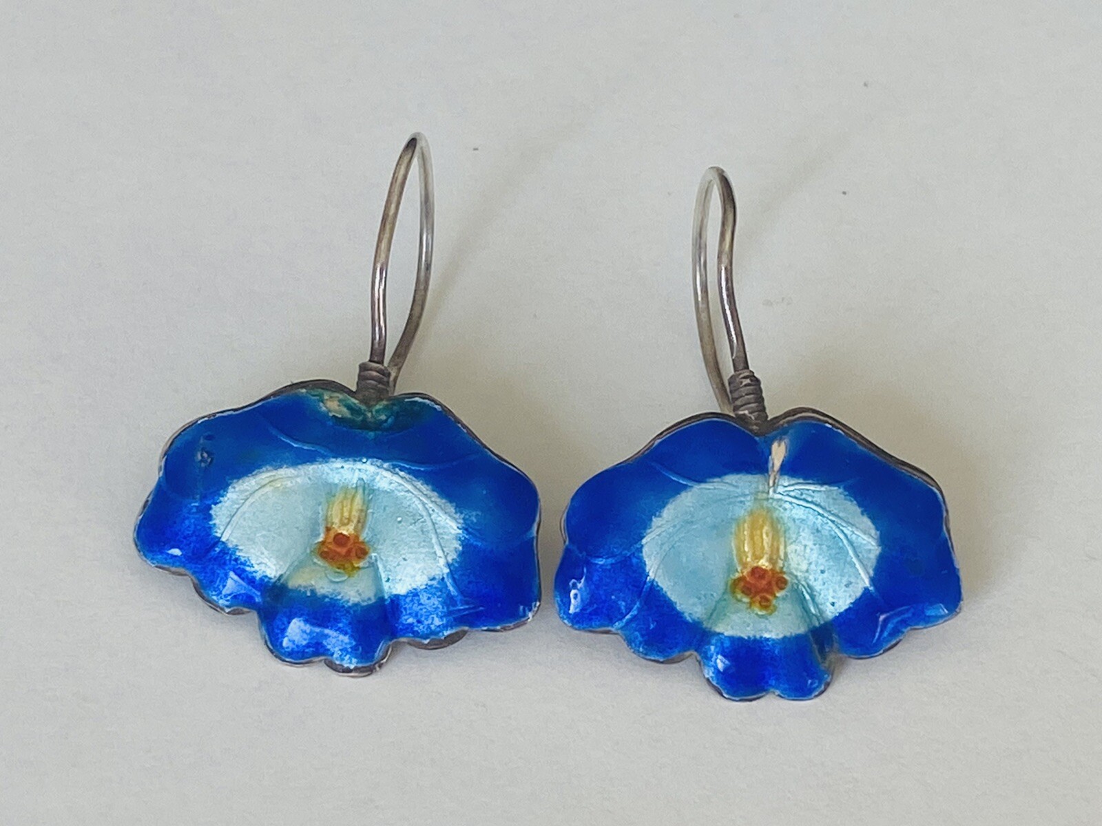 Antique Vintage Chinese Export Sterling Silver Blue Enamel Dangle Earrings