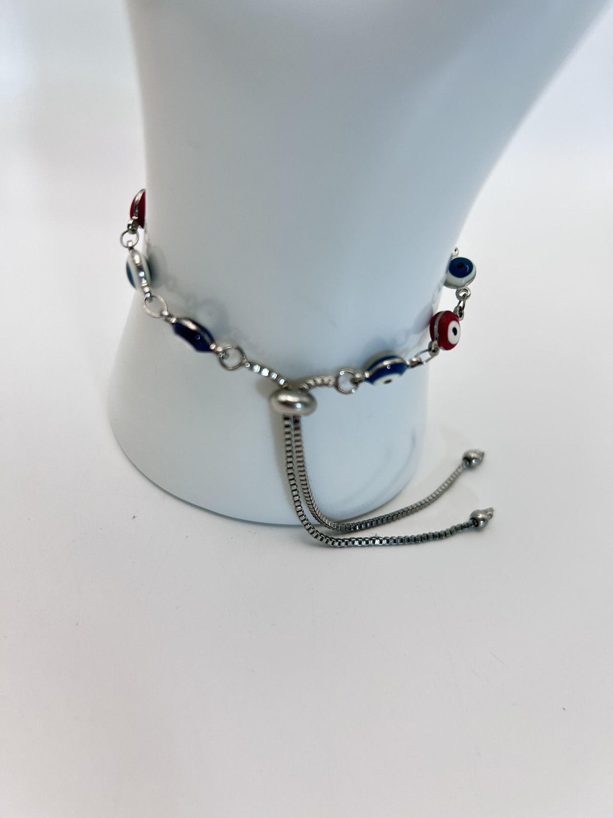 Bracelet Multicolor Glass Evil Eye Beaded Chain Bolo Adjustable 7″ Boho Womens