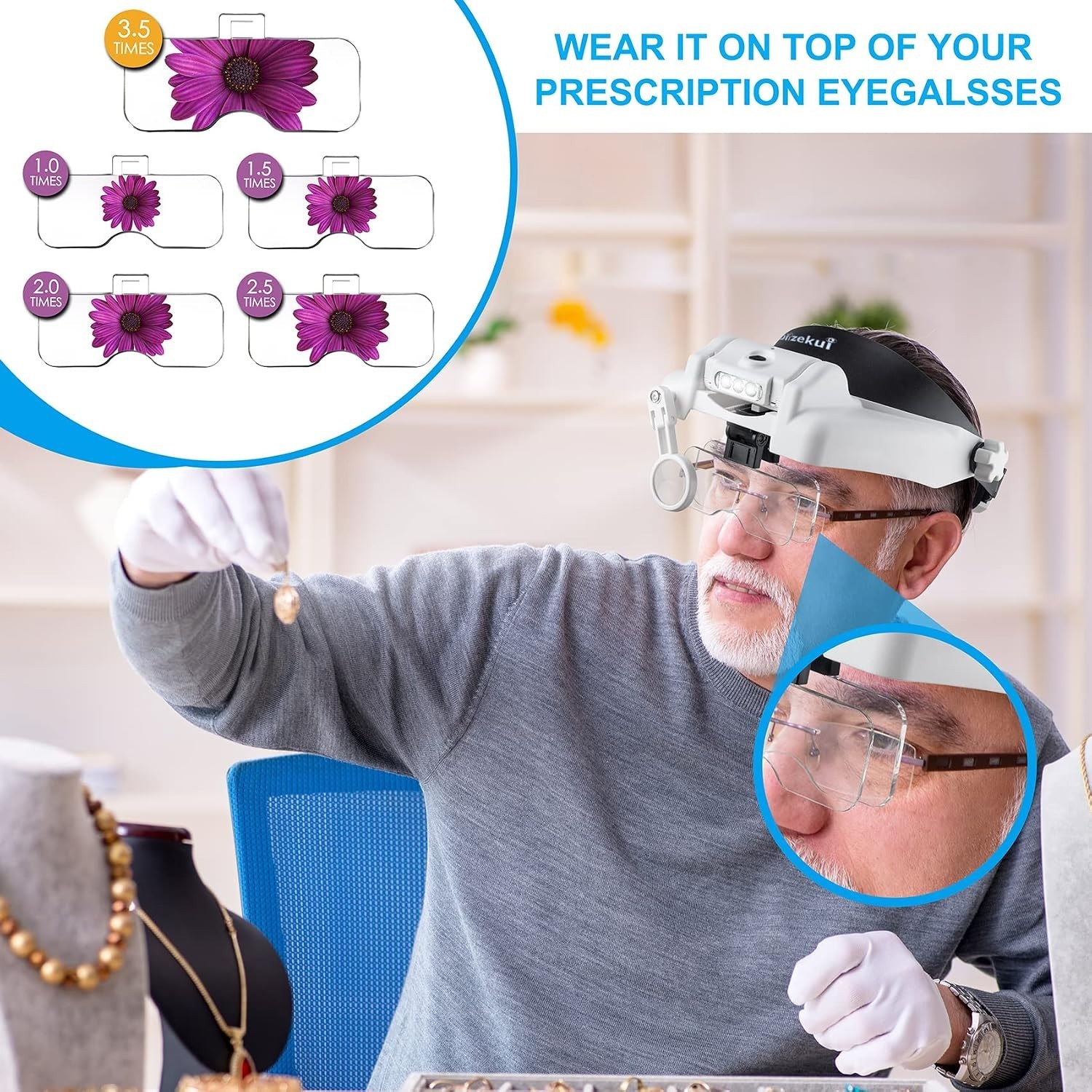 Headband Magnifying Glass with Light, Rechargeable Head Magnifying Glasses 1X to