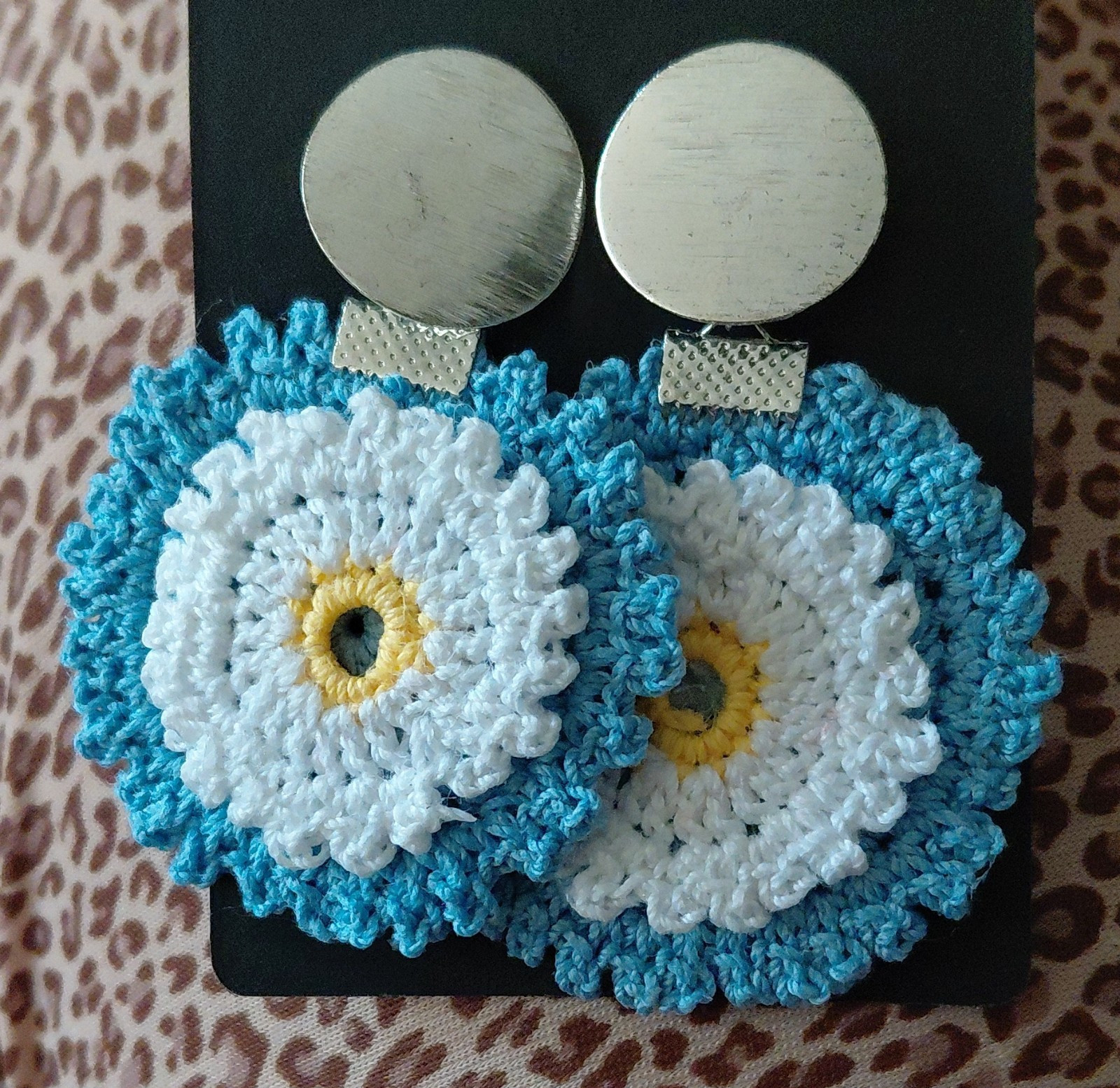 Handcrafted Crochet Cotton Flower Dangle Earrings Butterfly Closure Blue White