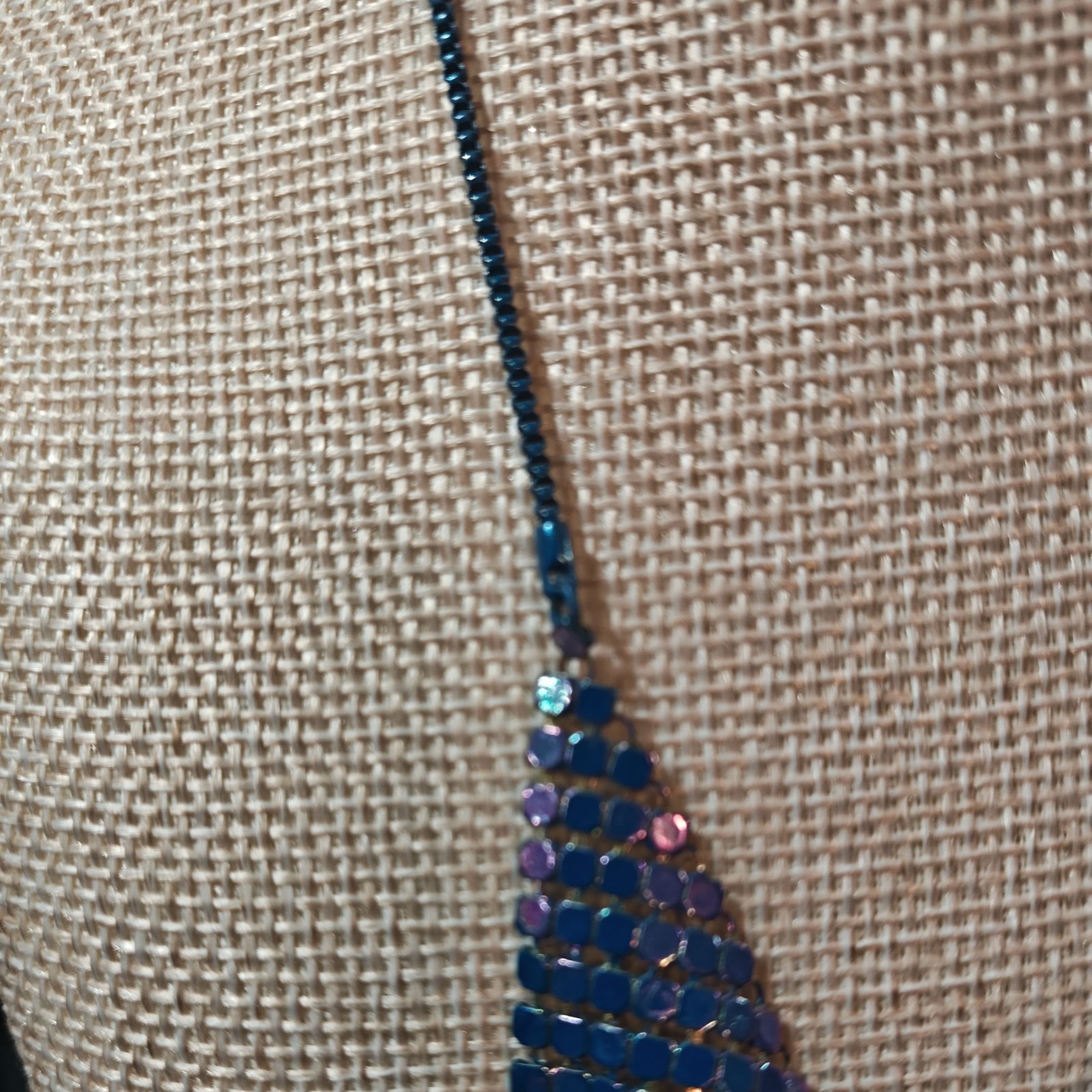 Vtg HK 70s Disco Mesh Bib Necklace Iridescent Blue Green Chainmail Hong Kong
