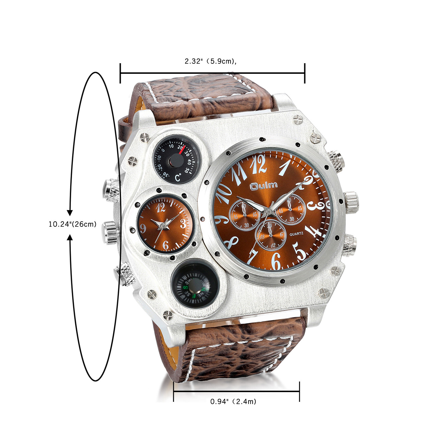 Men’s Sport Army Multi-functional 2 Time Zones Dial Leather Quartz Wrist Watch