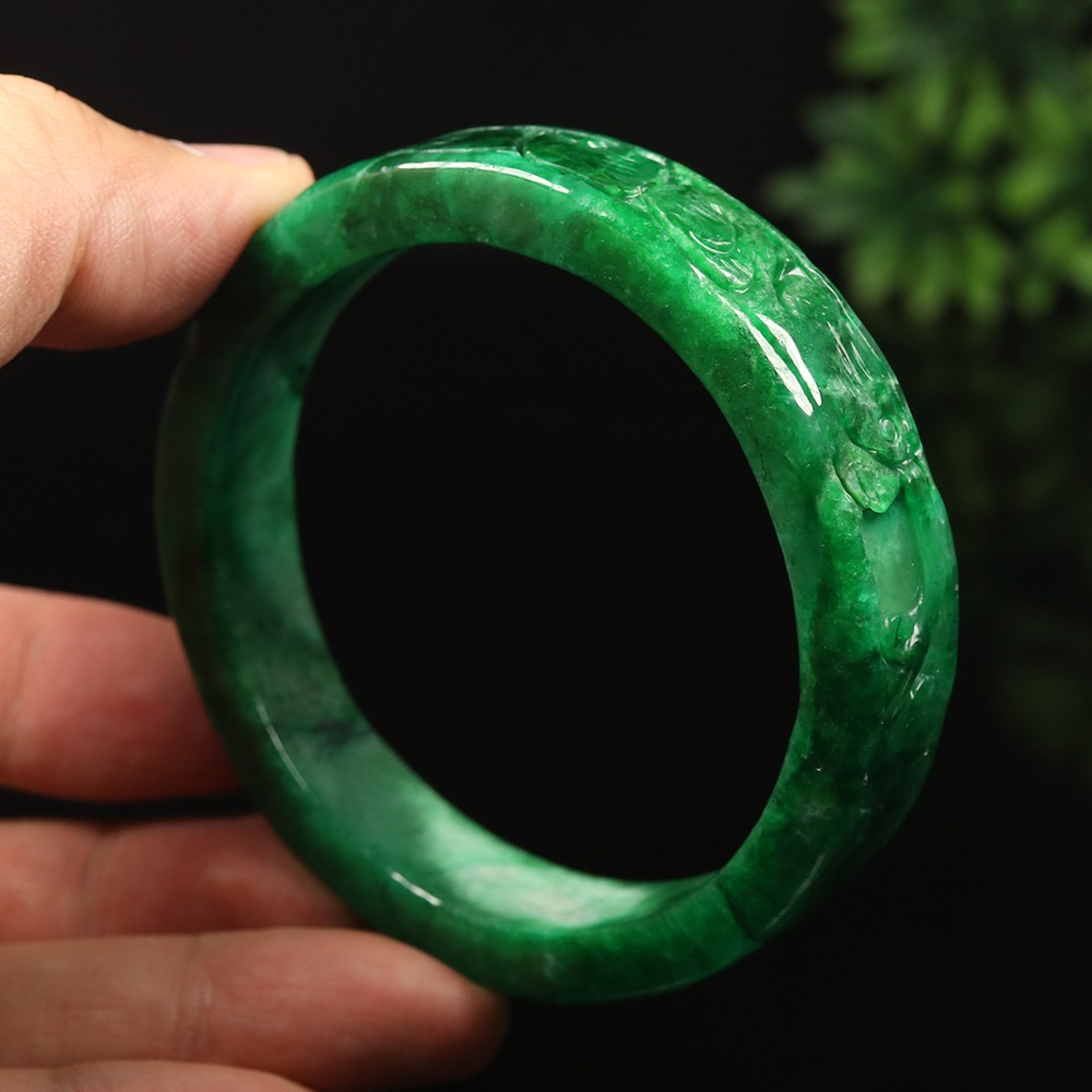 61mm Emerald Green Jadeite Jade Bangle Bracelet Coin Ruyi Flower Rabbit A-14885