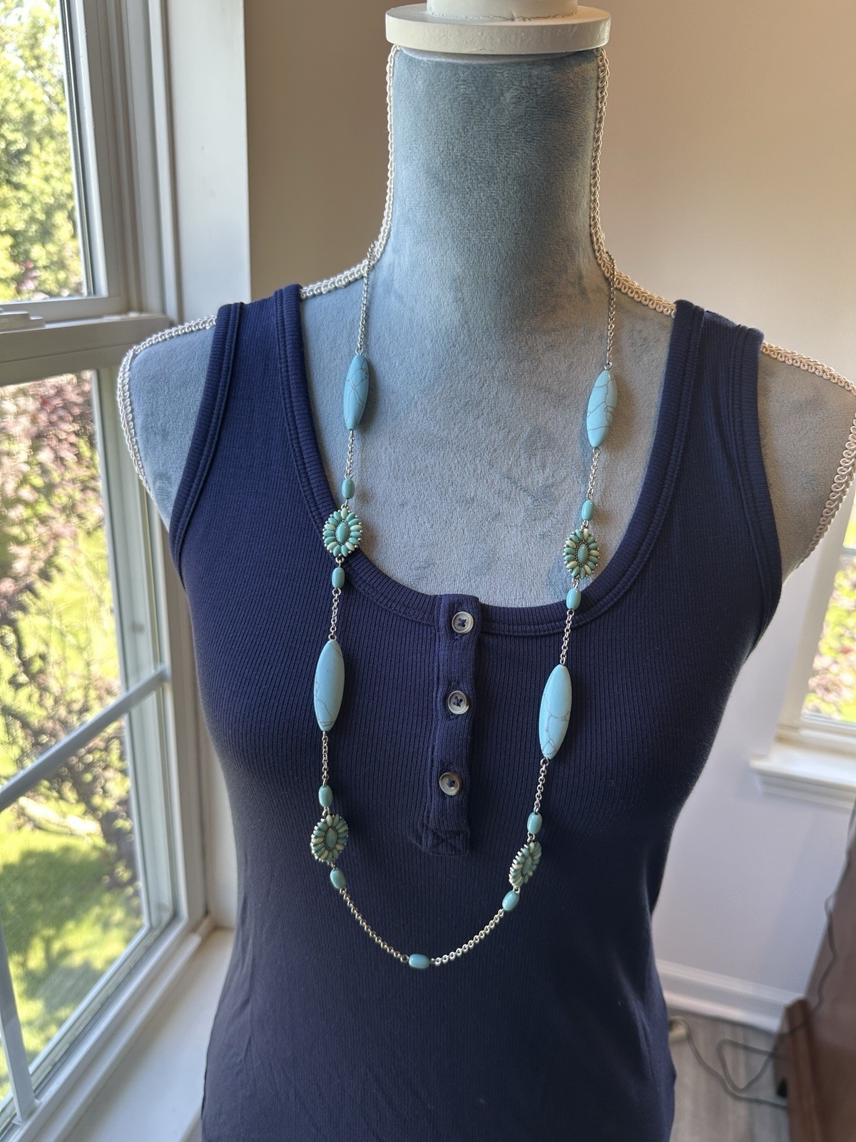 Long Faux Turquoise Blue Bead Silver Tone Necklace Southwestern Statement 36 In