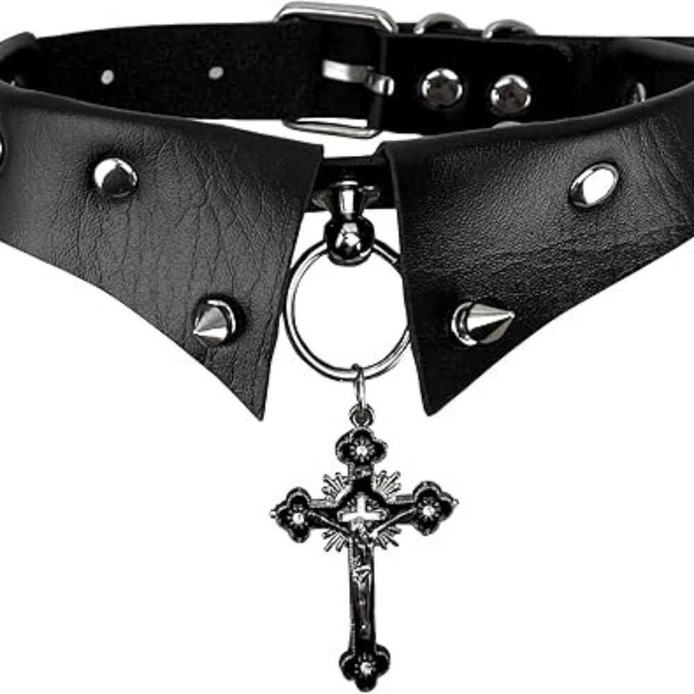 Black Gothic Leather Choker Necklace with Cross Pendant