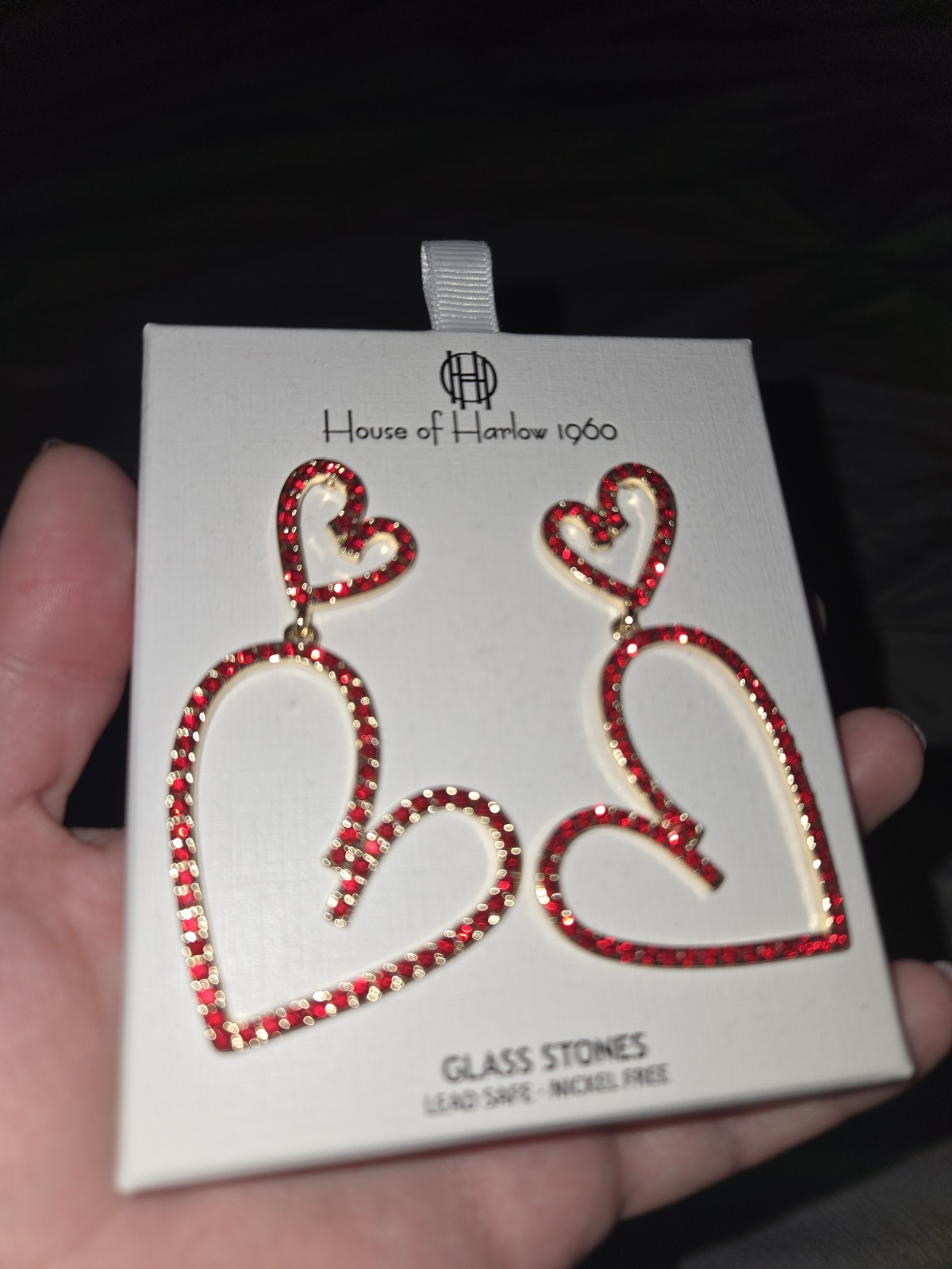 House of Harlow 1960 Red Double Heart Rhinestone Dangle Earrings Nickel Free NIB