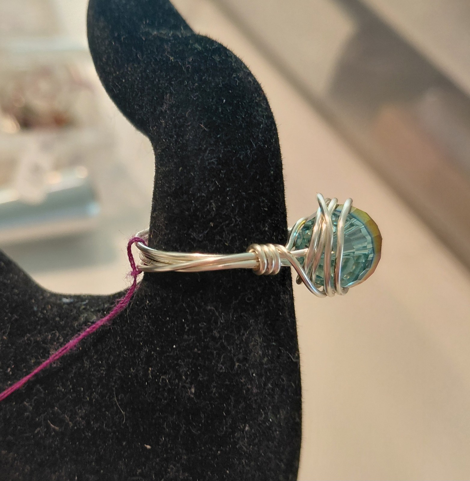 Silver Plated Copper Wire Wrapped Iridescent Glass Bead Ring Size 7.25