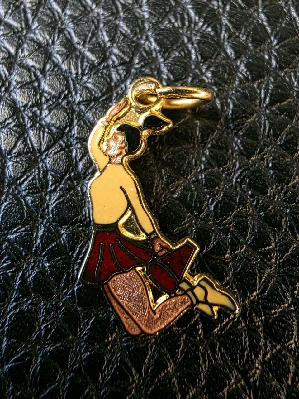Vintage Cheerleader Charm Pendant Maroon Red Gold Yellow Cheer Gold Tone 3/4″