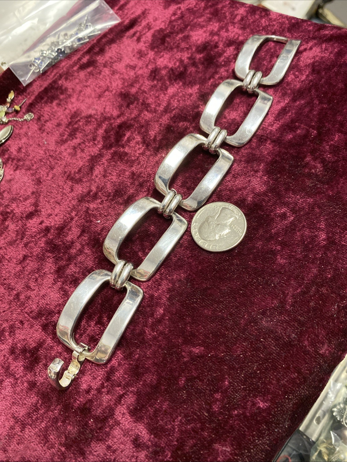 Vintage Marked 925 Sterling Silver Italy Large Square Link Bracelet 7.5” 38gr.