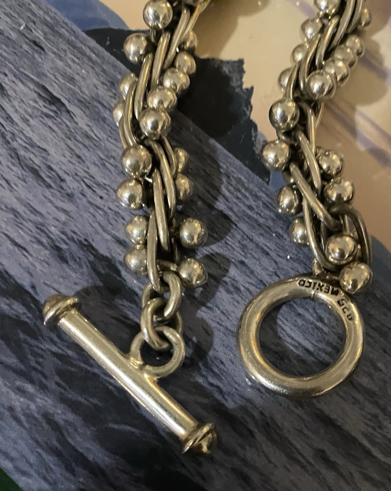 Mexico 925 Sterling Silver DNA Toggle Link Bracelet 57 G. Heavy