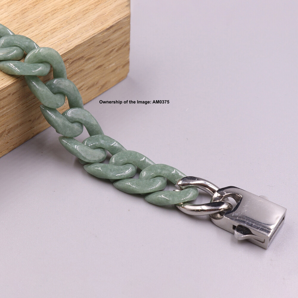 Natural Grade A Green Jade Curb Cuban Bracelet For Men 12mm Width Fit 7.48INCH
