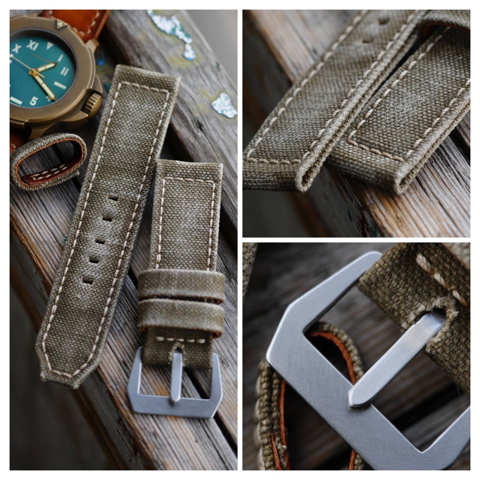 26mm Khaki Army Canvas Handmade Watch Strap, GPF Mod Style Buckle, Ready to Ship