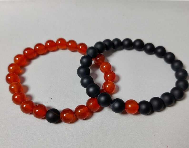 A++ Dainty Black & Red Onyx Smooth Round Gemstone Beaded Cupels Bracelets 6-8”