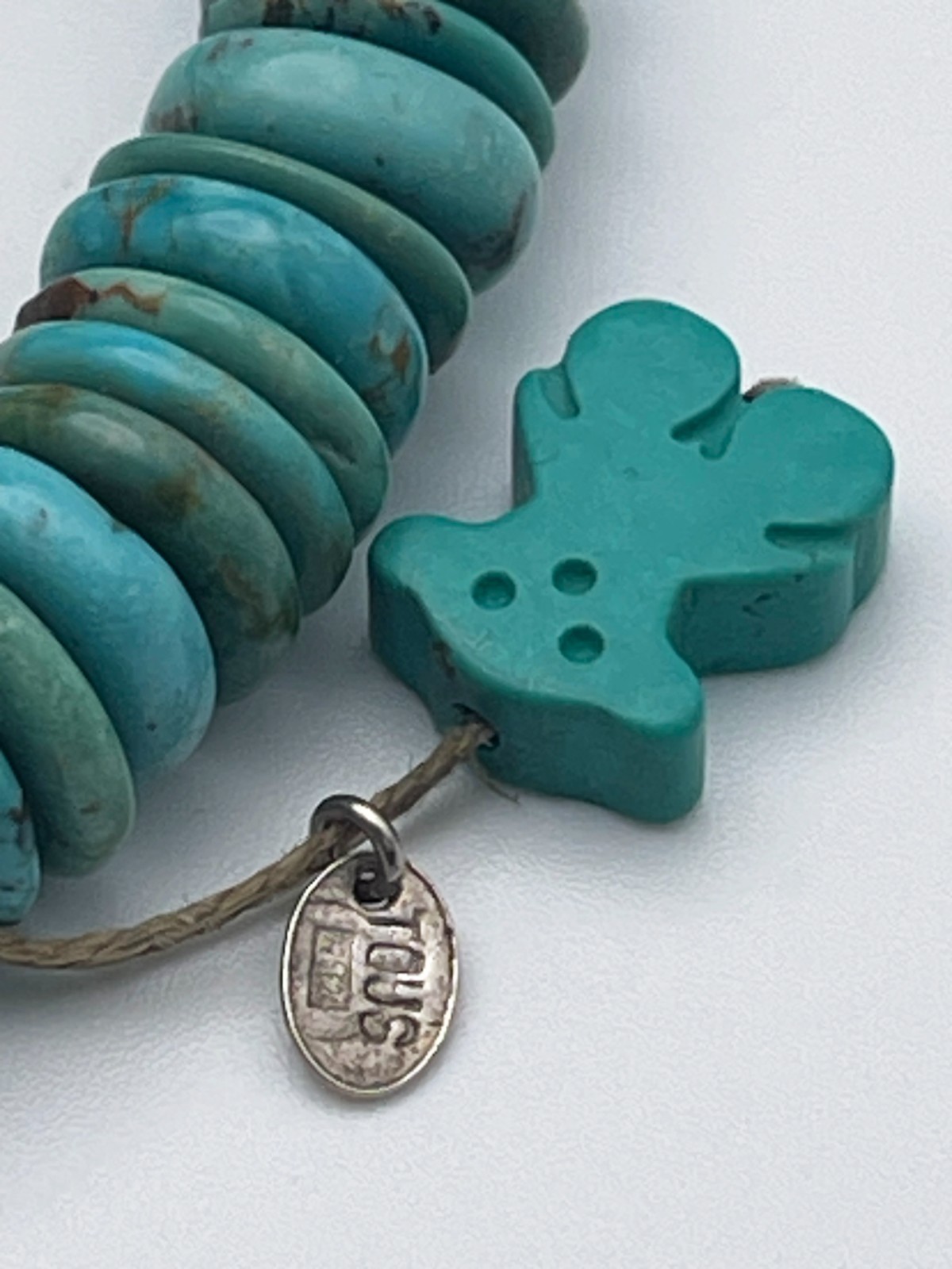 TOUS turquoise gemstone disk stretch bracelet with dangling turquoise charm bear