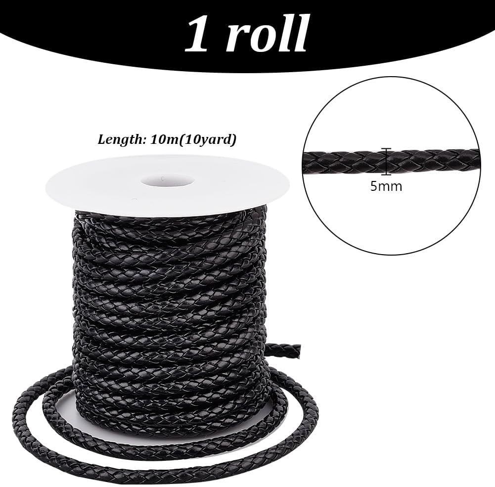 10.9 Yards Braided Leather Cord 5Mm round PU Leather Strap Black Leather String