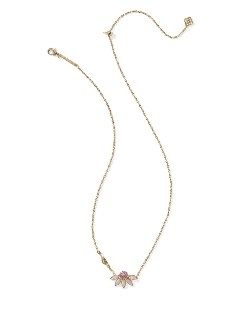 Kendra Scott Gold Sunflower Daisy Flower Pendant Necklace Pink Opalescent Stone