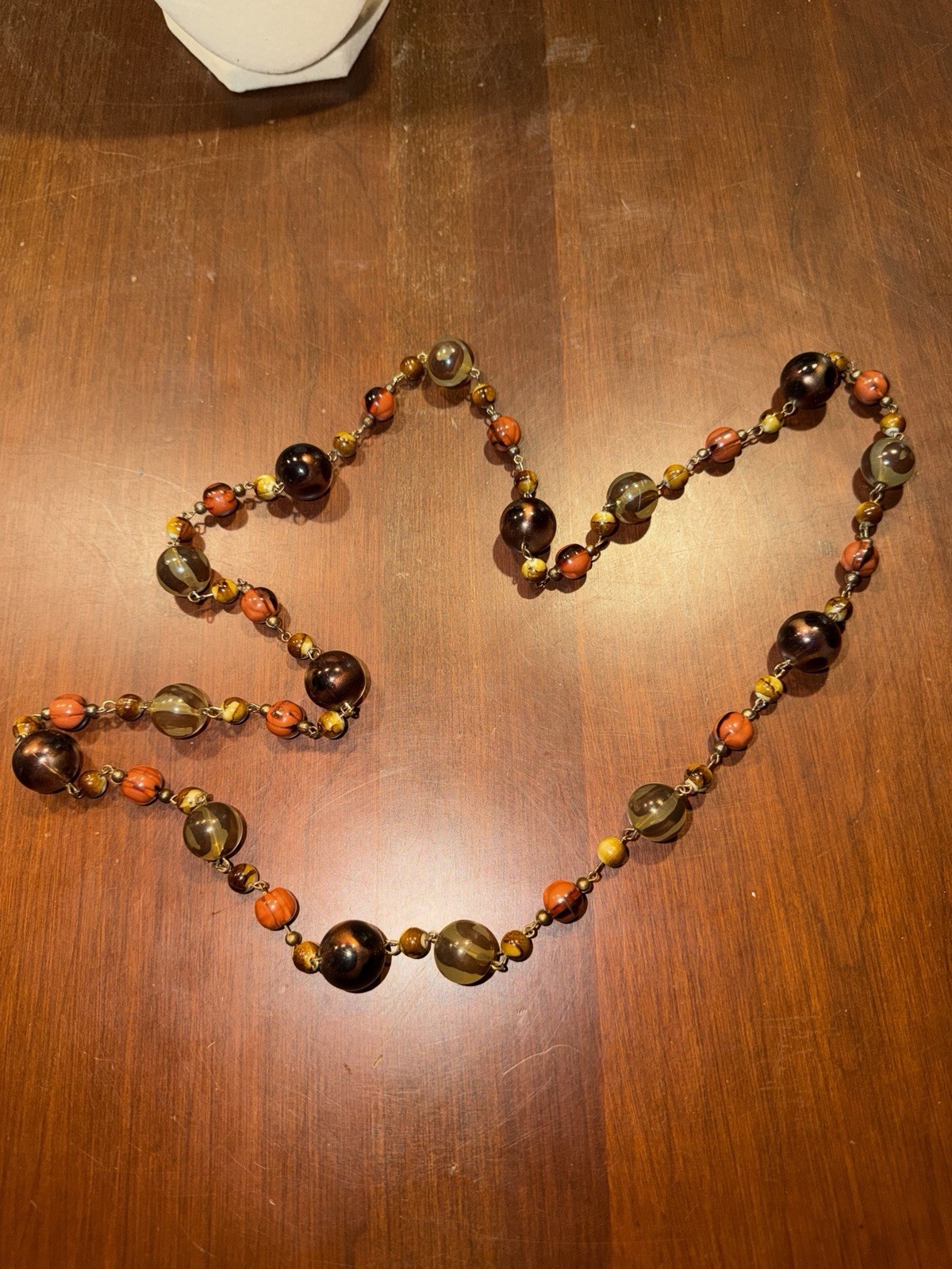 Vintage Long Brown, Orange & Amber Glass Bead Necklace Strand No Clasp.