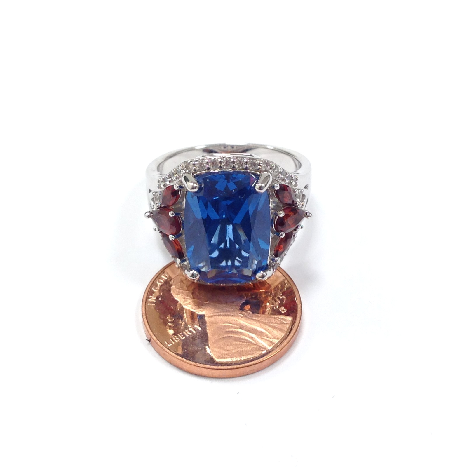DK Signed 925 Sterling Silver Blue and Red Gemstone Cocktail Ring Size 7.75