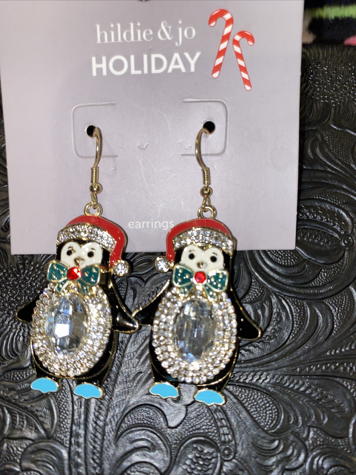 hildie & jo Penguin Earrings Rhinestones French Hook Back Christmas New