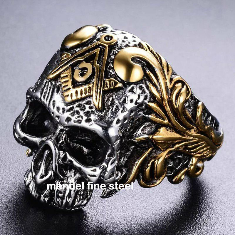 MENDEL Goth Mens Gold Plated Masonic Biker Skull Ring Stainless Steel Size 8-15