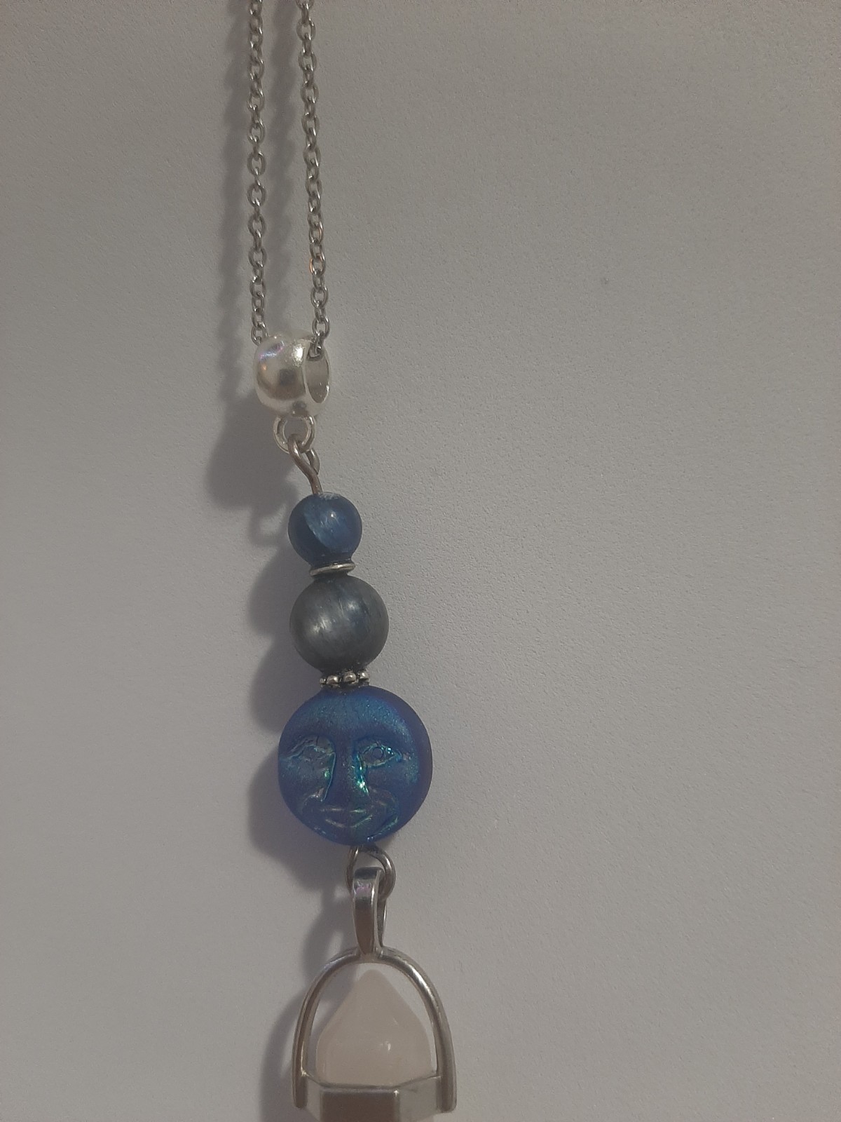 Genuine Milky CLEAR QUARTZ Crystal Point KYANITE Beads Glass Moon Face Pendant