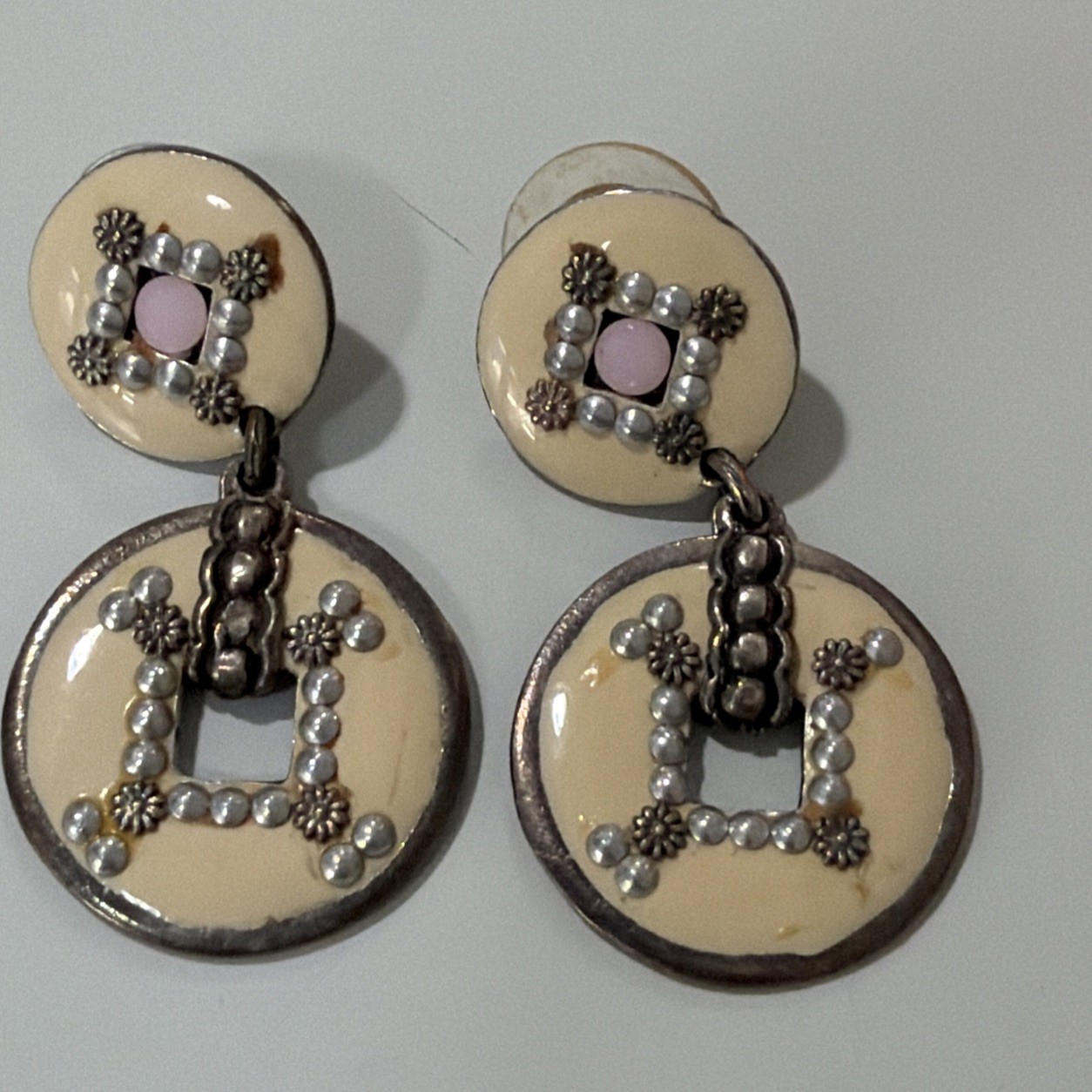 GAS Bijoux Beige Enamel Open circle Dangle Earrings sequins studs Peirced