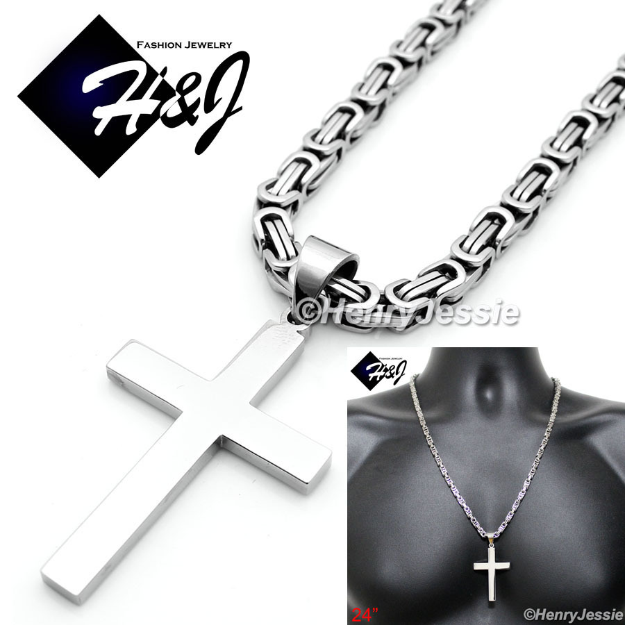 24″MEN Stainless Steel 6mm Silver Byzantine Box Chain Necklace Cross Pendant*P64