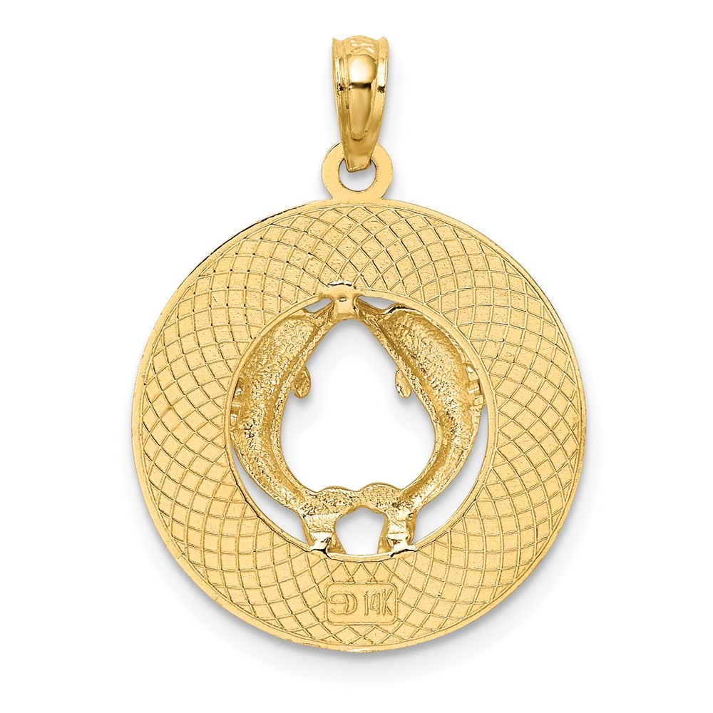 14k Yellow Gold FLORIDA With Dolphins Circle Charm Pendant L-24.7mm