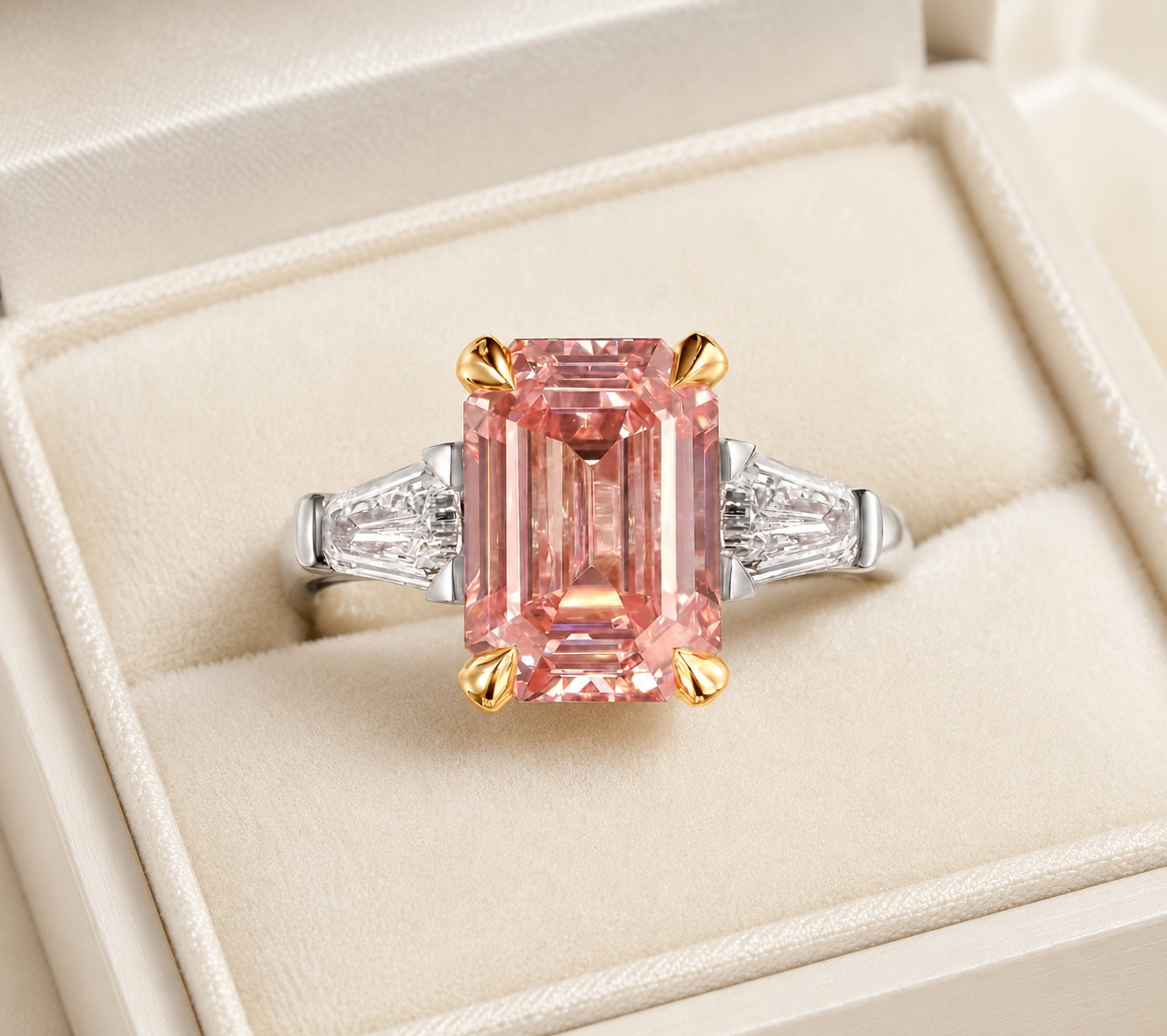 Fancy Intense Pink Diamond Ring 18k Multi Gold IGI Lab Grown 4.70 Ct Emerald Cut