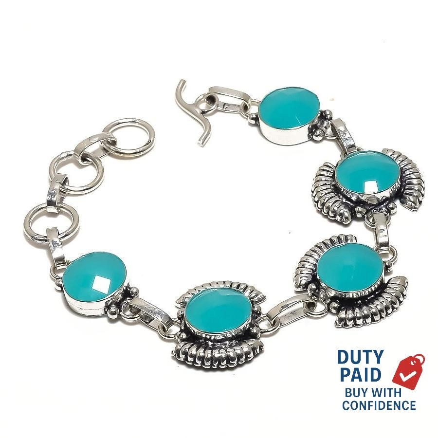 Genuine Blue Onyx Artisan Chain Channel Set Handmade Bracelet 925 Silver Plated