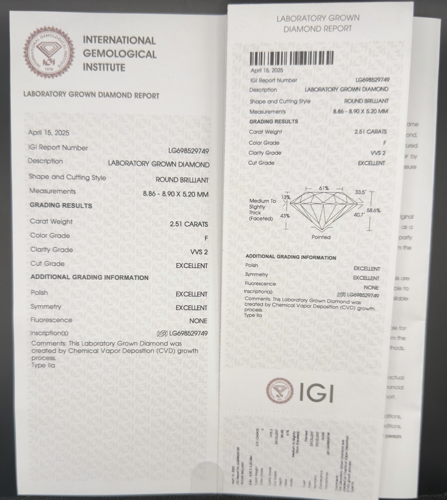 2.51 Ct IGI Certified Lab Grown Diamond F VVS2 Round Brilliant Excellent