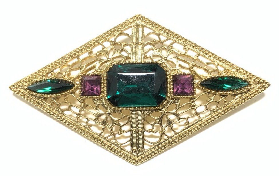 Gold Tone Green & Purple Rhinestone Pin LY119