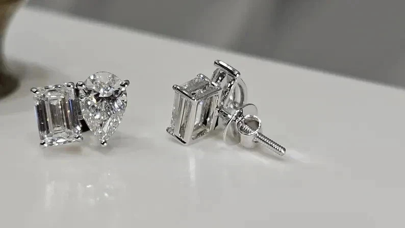 4TCW Emerald & Pear Lab Created Diamond Women’s Stud Earring 925 Sterling Silver