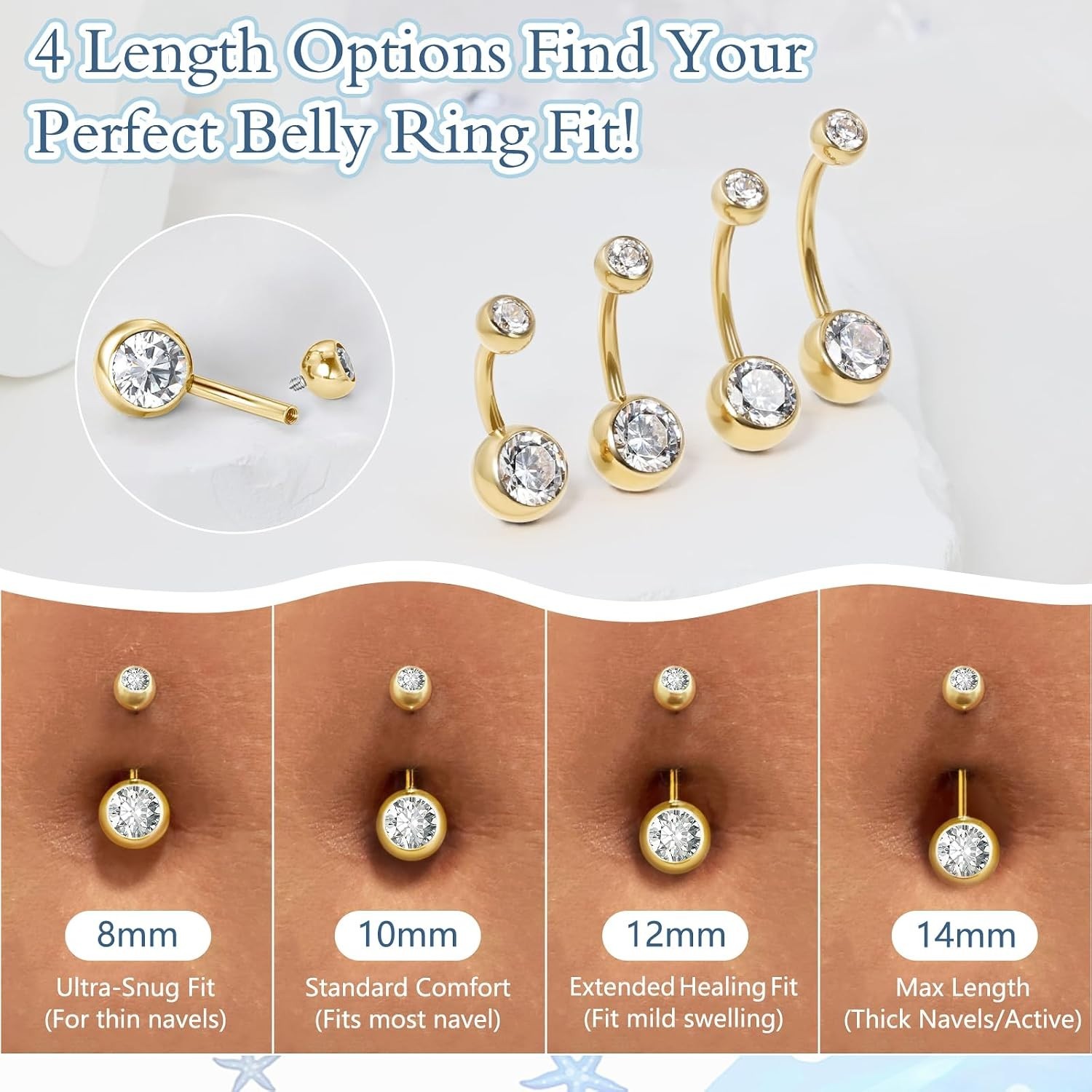 Snag-Free Internally Threaded Titanium Belly Button Rings – 14G – 8mm to 14mm