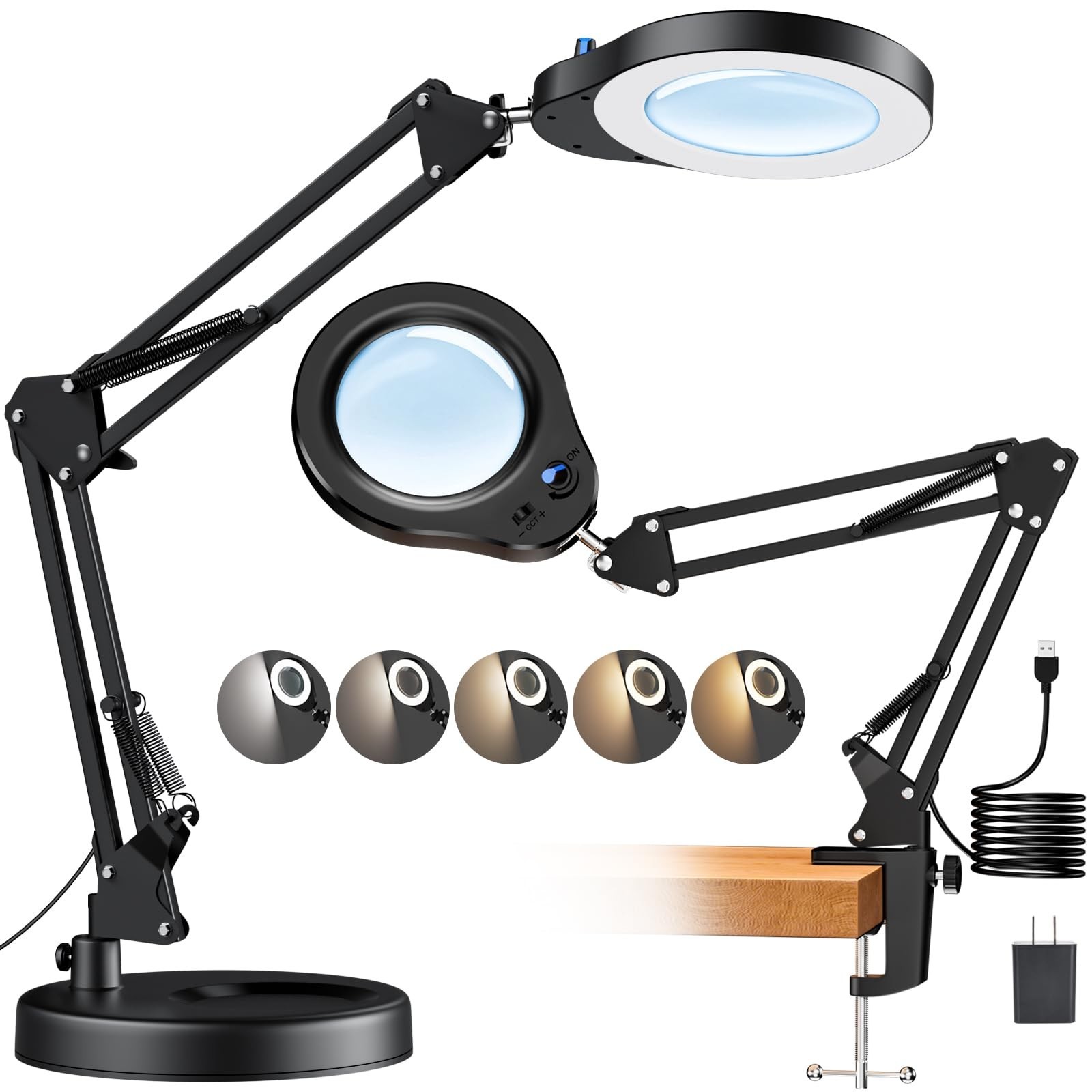 10X LED Magnifying Glass with Light & Stand, 5 Color Modes, Hands-Free Desk Lamp