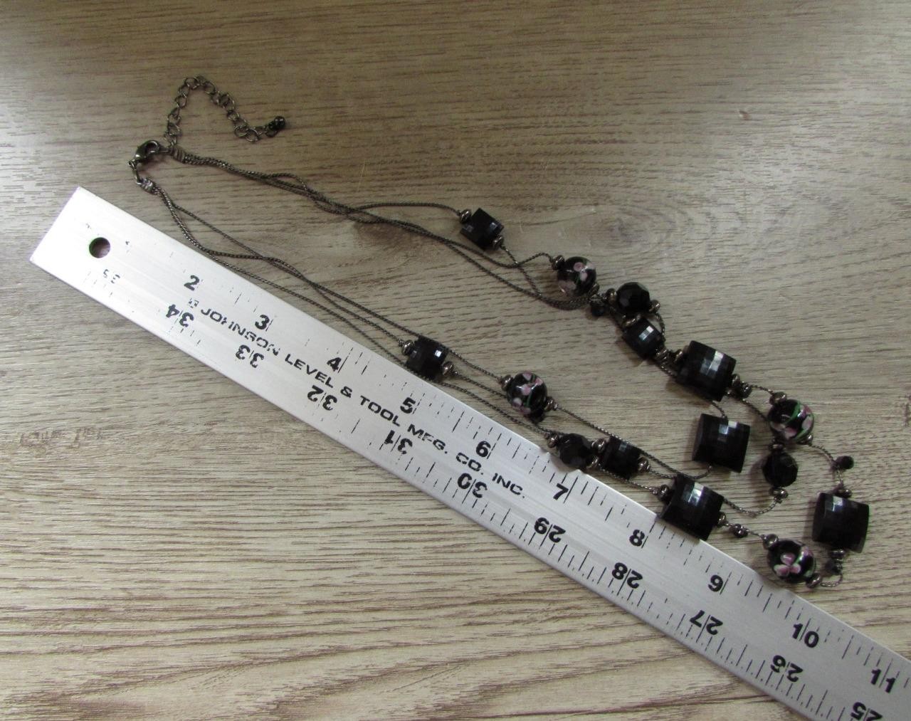 Multi-Strand Black Beaded Necklace Square Round Beads w/ Floral Pattern 20″