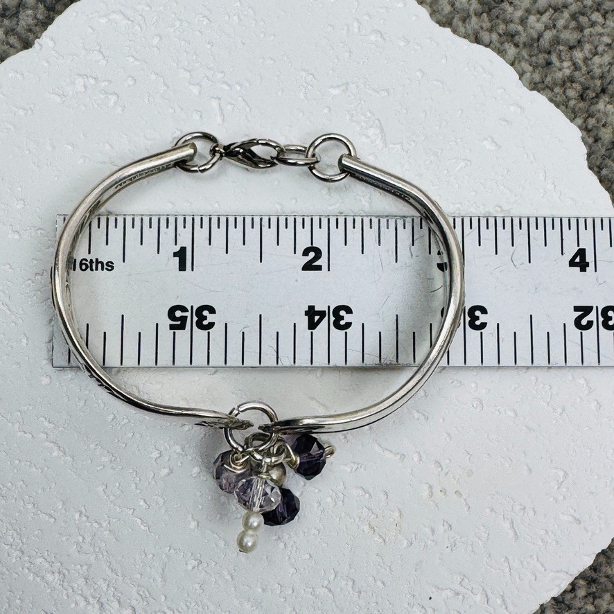 Vtg Silverware Double Handle Bangle Bracelet Silverplate Purple Clear & Pearls