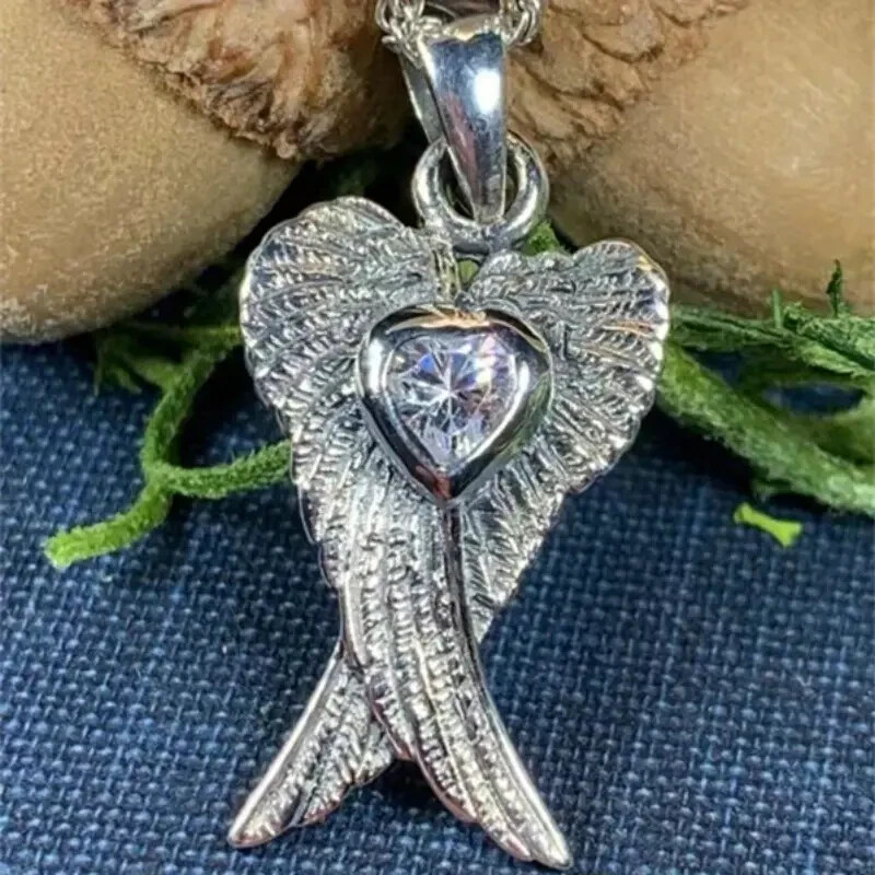 925 Sterling Silver White Topaz Guardian Angel Wings Goddess Pendant Necklace