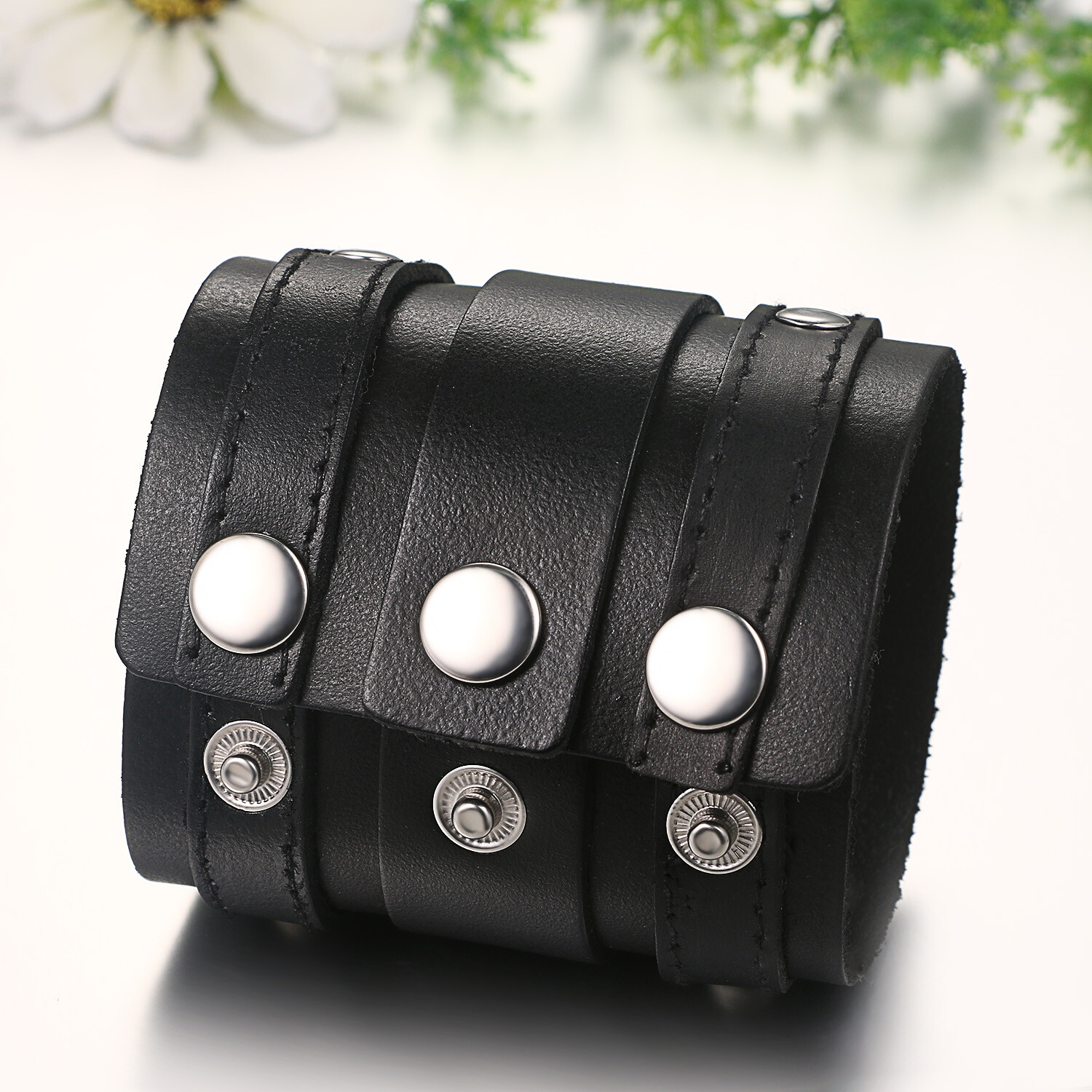 Men’s Punk Rocker Biker Gothic Heavy Wide Leather Straps Wristband Cuff Bracelet